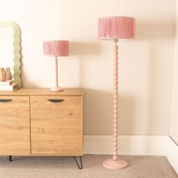 ValueLights Bobbins Painted Rose Floor Lamp with Ruched Pleated Drum Lamp Shade in Pale Pink - thumbnail 5