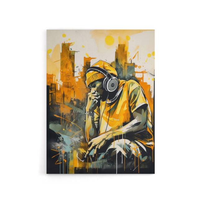 "Artery8 City Skyline & Young Man With Headphones Canvas Wall Art Print in Yellow - Size: W18"" x H24""" - image 1
