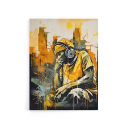 "Artery8 City Skyline & Young Man With Headphones Canvas Wall Art Print in Yellow - Size: W18"" x H24""" - thumbnail 1
