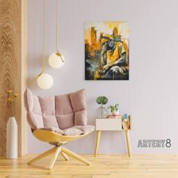 "Artery8 City Skyline & Young Man With Headphones Canvas Wall Art Print in Yellow - Size: W18"" x H24""" - thumbnail 3