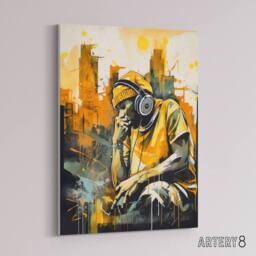"Artery8 City Skyline & Young Man With Headphones Canvas Wall Art Print in Yellow - Size: W18"" x H24""" - thumbnail 2