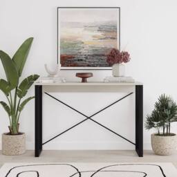 VOGREX Sandstone Narrow Console Table Metal Cross Frame Legs in Beige - thumbnail 3