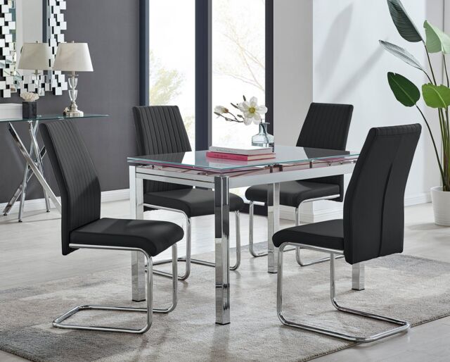 FurnitureboxUK Enna White Glass Extending 4-6 Seater Dining Table & 4 Lorenzo Faux Leather Chairs in Black - image 1