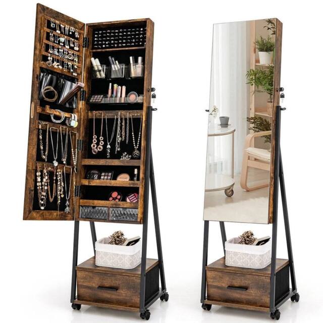 Hinsinc Mobile Mirror Jewelry Cabinet Standing Makeup Organizer in Brown - Size: 0.6m2 - image 1
