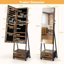Hinsinc Mobile Mirror Jewelry Cabinet Standing Makeup Organizer in Brown - Size: 0.6m2 - thumbnail 2