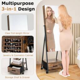 Hinsinc Mobile Mirror Jewelry Cabinet Standing Makeup Organizer in Brown - Size: 0.6m2 - thumbnail 6