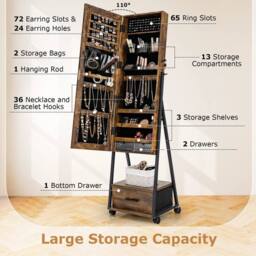 Hinsinc Mobile Mirror Jewelry Cabinet Standing Makeup Organizer in Brown - Size: 0.6m2 - thumbnail 5