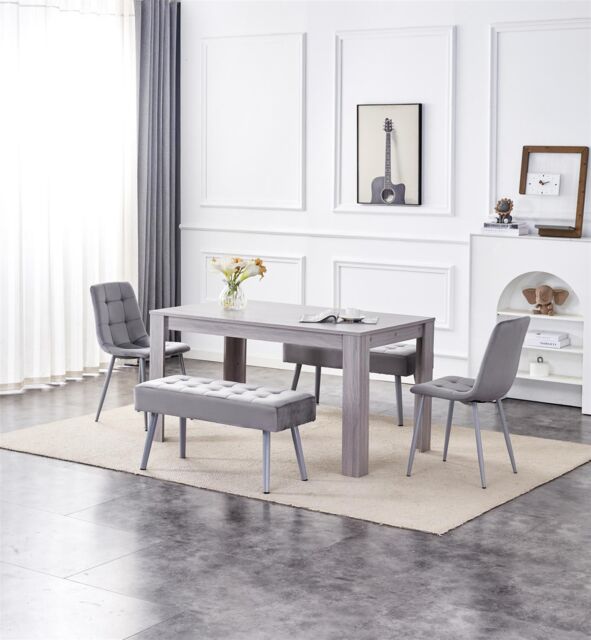 KOSY KOALA Dining Table & 2 Chairs With 2 Benches Grey 2 Grey Velvet Chairs Wood Table Dining Set Furniture - image 1