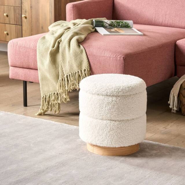 Wyld and Coco Teddy Boucle Pouffe White With Hidden Storage - image 1