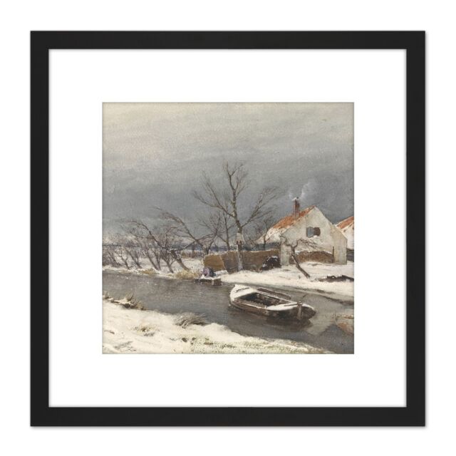 Artery8 Louis Apol Winter Landscape Houses Canal Painting 8X8 Inch Square Wooden Framed Wall Art Print Picture with Mount in Black - image 1