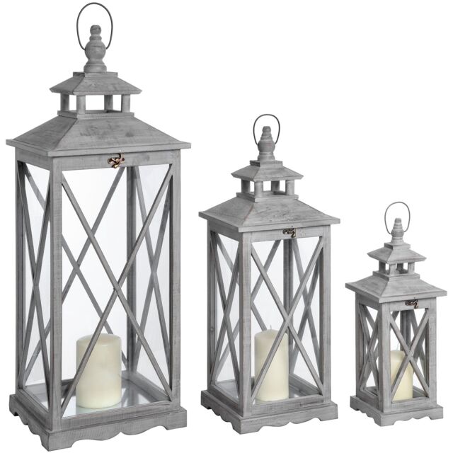 Love Lace Set Of Three Wooden Lanterns With Traditional Cross Section in Grey - image 1