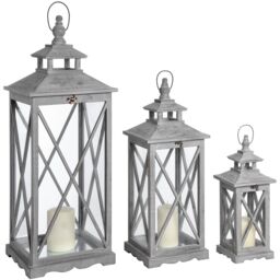 Love Lace Set Of Three Wooden Lanterns With Traditional Cross Section in Grey - thumbnail 1