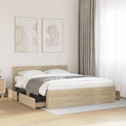 Berkfield Home Bed Frame with Headboard without Mattress Sonoma Oak 150x200 cm King Size in Brown - thumbnail 1