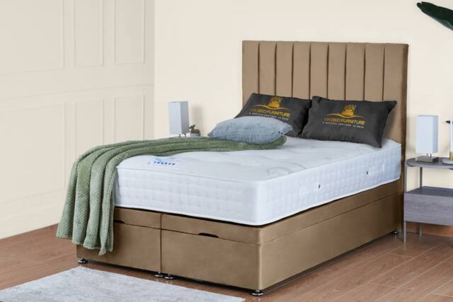 UK Bed Furniture Wilton End Lift Divan Ottoman Bed with 54 Inch Tall Headboard in Beige - Size: King - image 1