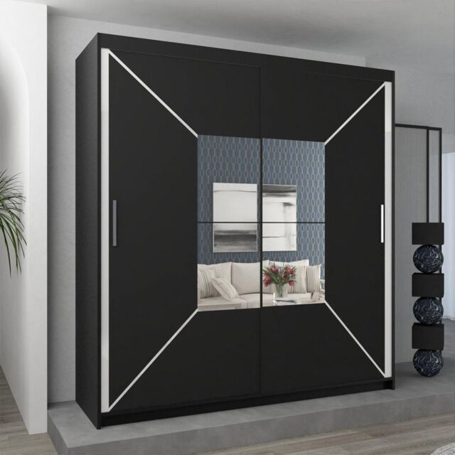 Sliding Wardrobes 4U Double Center Mirror Sliding Door Wardrobe 150cm X 217cm in Black - Size: 150 cm X 217 cm - image 1