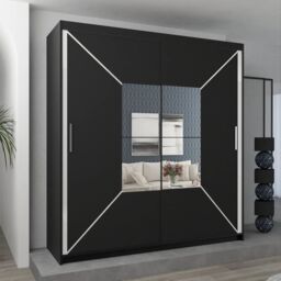 Sliding Wardrobes 4U Double Center Mirror Sliding Door Wardrobe 150cm X 217cm in Black - Size: 150 cm X 217 cm - thumbnail 1