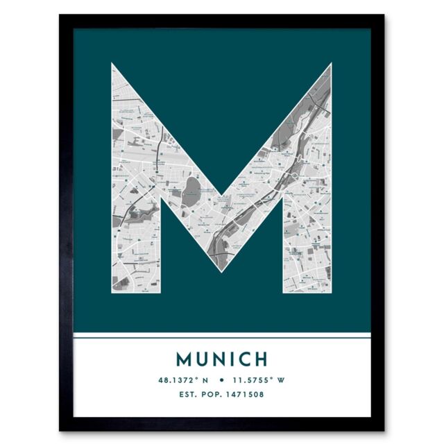 "Wee Blue Coo Wall Art Print Munich Germany City Map Modern Typography Stylish Letter Framed Word in Teal - Size: W12"" x H16""" - image 1