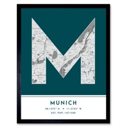 "Wee Blue Coo Wall Art Print Munich Germany City Map Modern Typography Stylish Letter Framed Word in Teal - Size: W12"" x H16""" - thumbnail 1