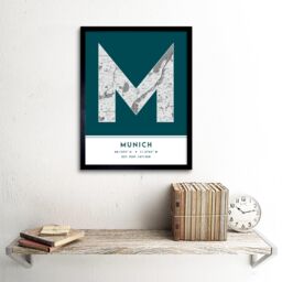"Wee Blue Coo Wall Art Print Munich Germany City Map Modern Typography Stylish Letter Framed Word in Teal - Size: W12"" x H16""" - thumbnail 2