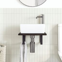 Berkfield Home Basin Shelf Wall Mounted Steel & Solid Wood Oak in Brown - thumbnail 3