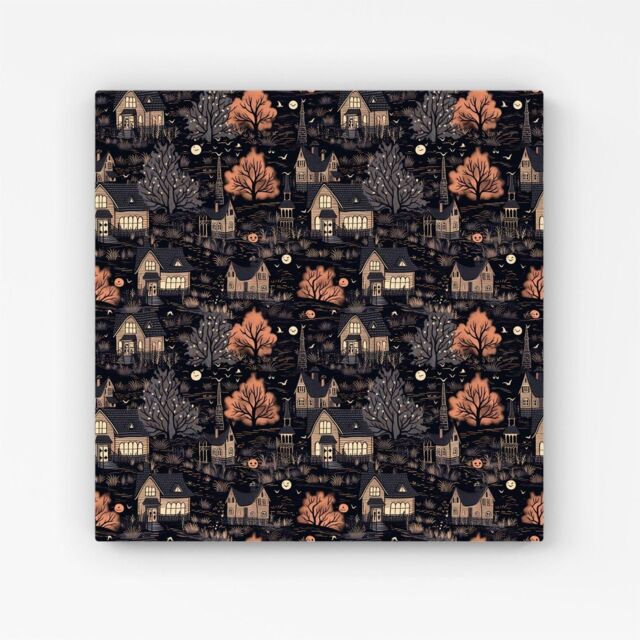 "Warren Reed - Designer Spooky Haunted Houses Pattern Canvas in Brown - Size: W30"" x H30""" - image 1