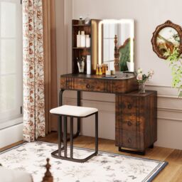 Costway RGB Vanity Table Set Bedroom Dressing Table w/ Mirror & Lights in Brown - thumbnail 2
