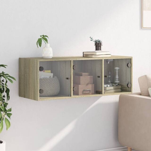 Berkfield Home Wall Cabinet with Glass Doors Sonoma Oak 102x37x35 cm in Light Tan - Size: 102 x 37 x 35 cm - image 1