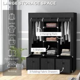 HOMCOM Large Fabric Wardrobe Closet 2 Rails, 5 Shelves 3 Drawers, Black - thumbnail 4