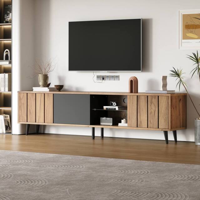 BTM TV Stand Cabinet with Doors Open Shelves Storage in Brown - image 1