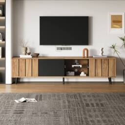 BTM TV Stand Cabinet with Doors Open Shelves Storage in Brown - thumbnail 3
