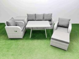 Fimous Reclining Chair 3 Seat Sofa Set Garden Furniture Set with Big Stool in Light Grey - thumbnail 2