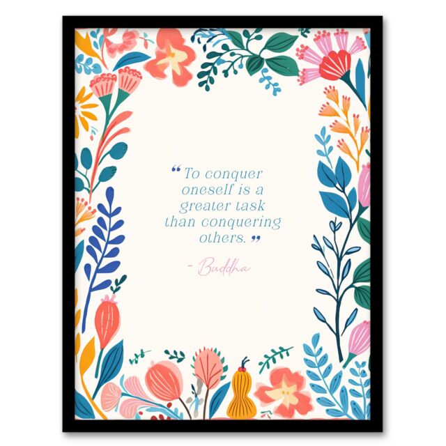 Artery8 Wall Art Print Conquer Oneself Buddhist Mindfulness Quote Floral Buddha Framed Art - Size: A4 - image 1