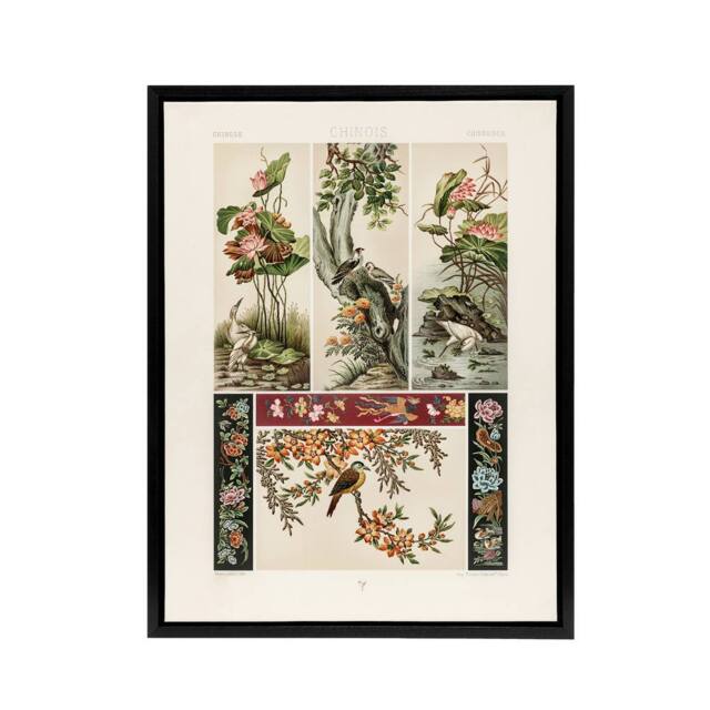 "Artery8 Chinese Patterns of Birds & Flowers Racinet Framed Canvas Wall Art in White - Size: W12"" x H16""" - image 1