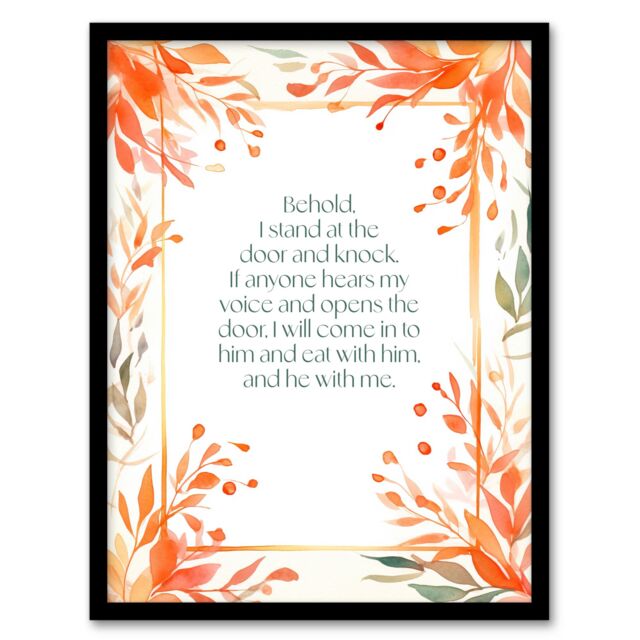 Artery8 Wall Art Print Behold Stand at Door & Knock Orange Christian Bible Quote Framed Art - Size: A4 - image 1
