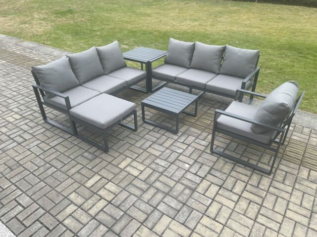 Fimous Aluminium 8 Seater Outdoor Garden Furniture Lounge Sofa Set with Square Coffee Table Chair Big Footstool Side Table Dark Grey - image 1