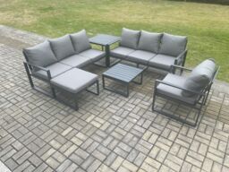 Fimous Aluminium 8 Seater Outdoor Garden Furniture Lounge Sofa Set with Square Coffee Table Chair Big Footstool Side Table Dark Grey - thumbnail 1