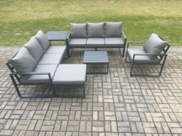 Fimous Aluminium 8 Seater Outdoor Garden Furniture Lounge Sofa Set with Square Coffee Table Chair Big Footstool Side Table Dark Grey - thumbnail 2
