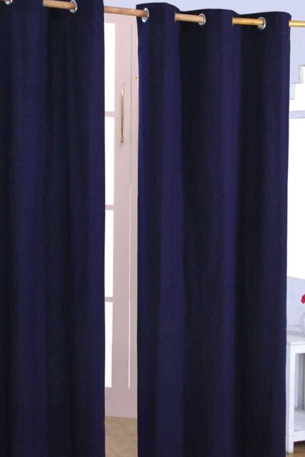 Homescapes Plain Cotton Ready Made Eyelet Curtain Pair in Navy - Size: 117 cm width x 137 cm drop - image 1