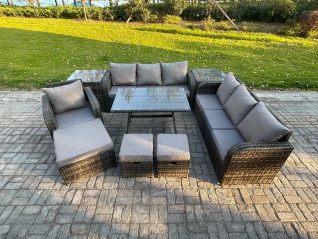 Fimous Wicker 9 Pieces Rattan Garden Furniture Sofa Set with Rectangular Dining Table Armchair 3 Footstools 2 Side Tables Dark Grey Mixed - image 1