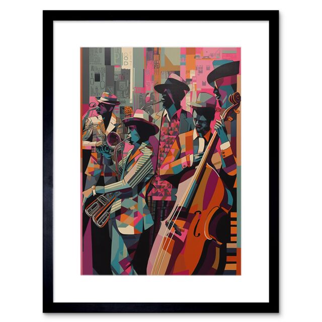 Artery8 Wall Art Print New Orleans Jazz Festival Musicians Warming Up in the City Street Abstract Modern Painting Artwork Framed 9X7 Inch - image 1