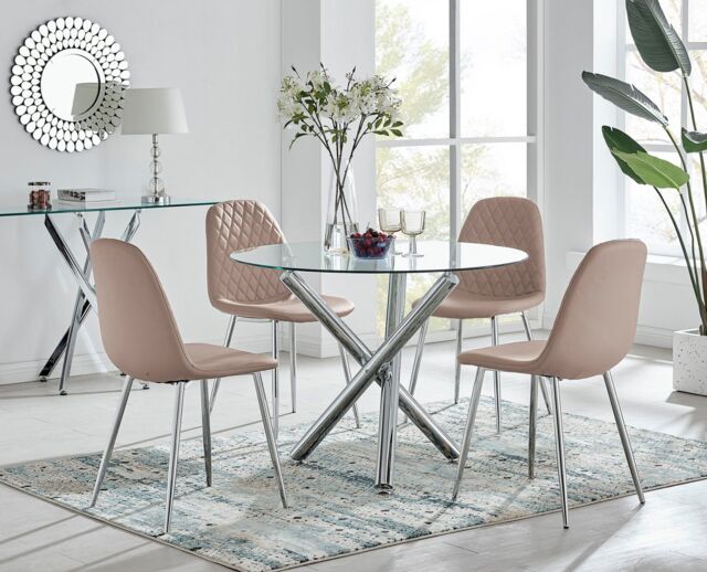FurnitureboxUK Selina Round Glass Chrome Leg Dining Table & Corona Silver Leg Chairs in Beige - Size: 2 Person - image 1
