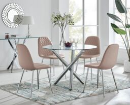 FurnitureboxUK Selina Round Glass Chrome Leg Dining Table & Corona Silver Leg Chairs in Beige - Size: 2 Person - thumbnail 1