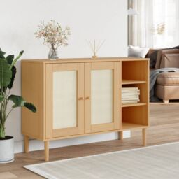 Berkfield Home Sideboard SENJA Rattan Look Brown 112x40x80cm Solid Wood Pine - Size: 112 x 40 x 80 cm