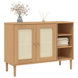 Berkfield Home Sideboard SENJA Rattan Look Brown 112x40x80cm Solid Wood Pine - Size: 112 x 40 x 80 cm - thumbnail 3