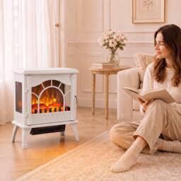 HOMCOM 3-Sided Glass Electric Fire Fan Heater with Flame Effect, White - Size: Medium - thumbnail 2