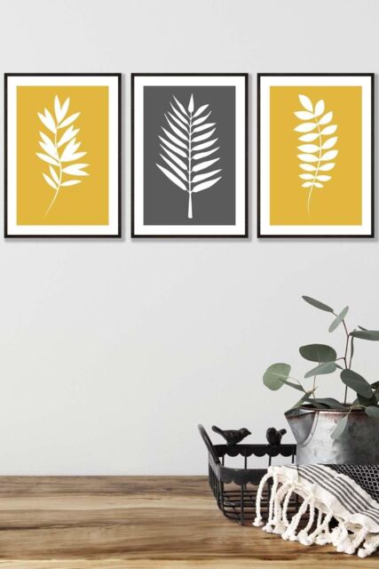 ARTZE Yellow Grey Graphical Leaves Framed Wall Art - Medium in Black - Size: W45 cm x H62 cm x D20mm - image 1