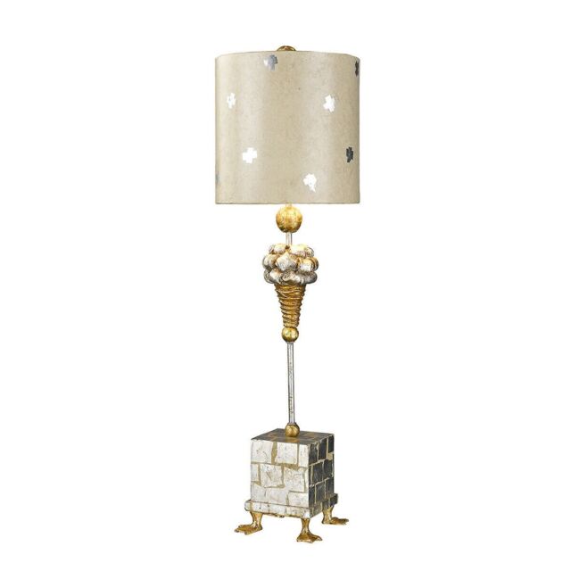 Loops Table Lamp Duck Feet Square Base Cream & Silver Leaf Cylinder Shade LED E27 60W in Metallics - image 1