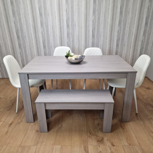 KOSY KOALA Grey Dining Table with 4 Diamond Stitched White Chairs & 1 Bench - Size: 140 cm x 80 cm - image 1