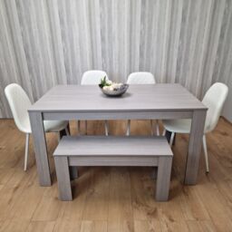 KOSY KOALA Grey Dining Table with 4 Diamond Stitched White Chairs & 1 Bench - Size: 140 cm x 80 cm - thumbnail 1