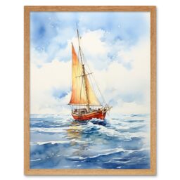 "Artery8 Wall Art Print Orange Sailing Boat Watercolour Painting Bathroom Artwork Sail at Sea Seascape Art Framed in Light Oak - Size: W12"" x H16""" - thumbnail 1